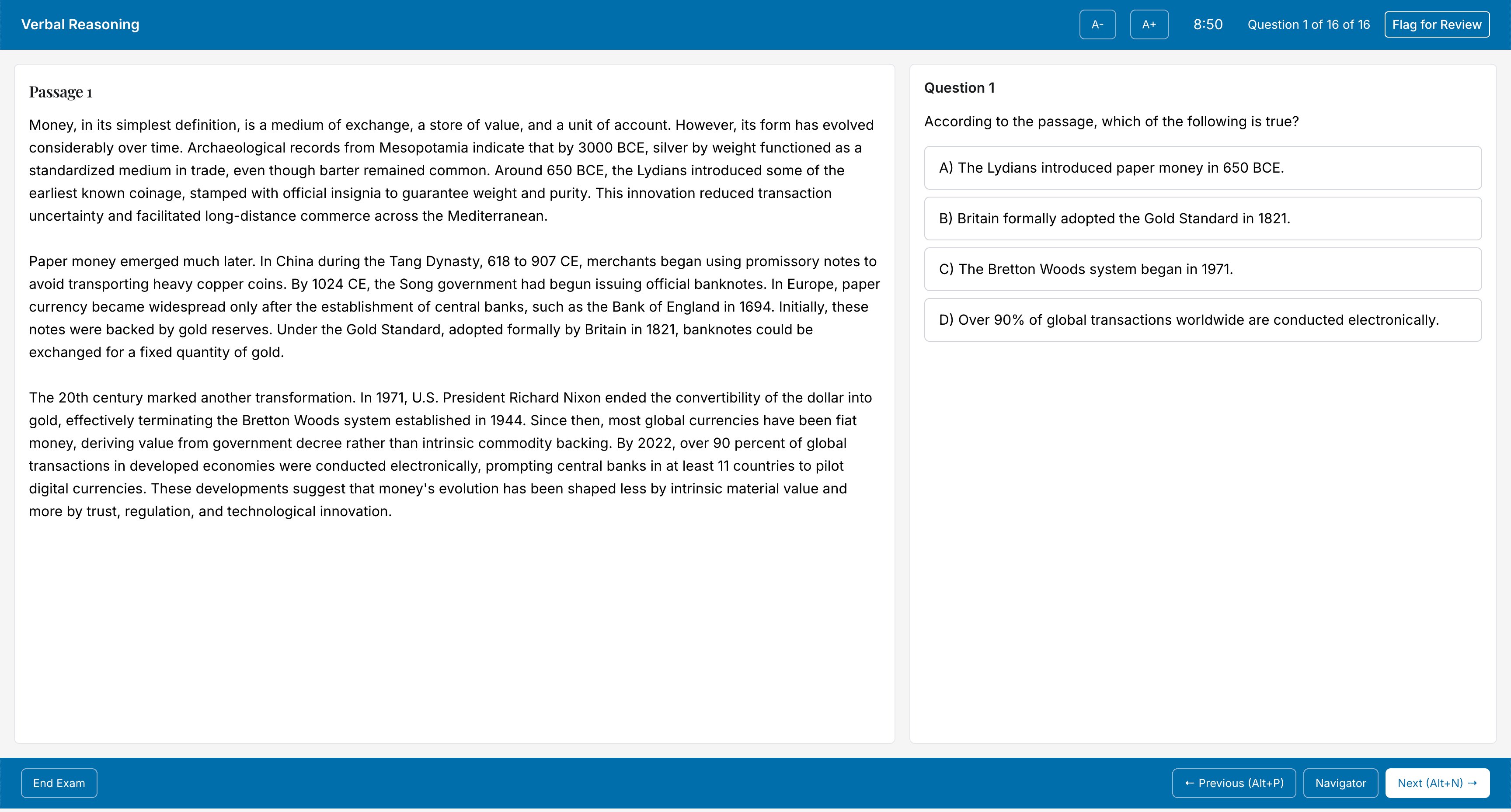 MedWithPurpose UCAT Verbal Reasoning exam interface